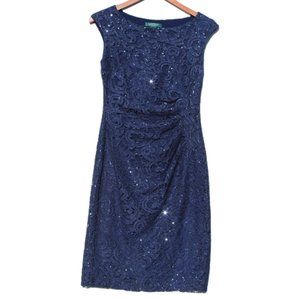 NWOT LAUREN Ralph Lauren  Navy Blue Sequenc Lace Cap Sleeve Stretch Ruched  Sz 4